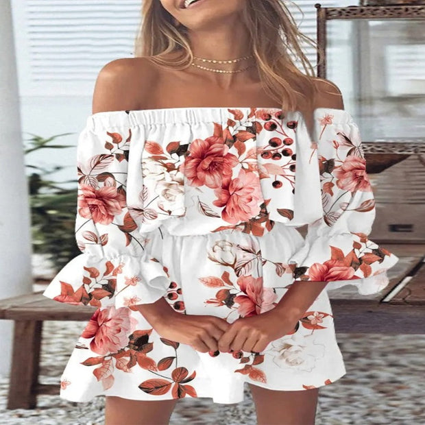Off Shoulder Chiffon Floral Beach Dress - Fioness
